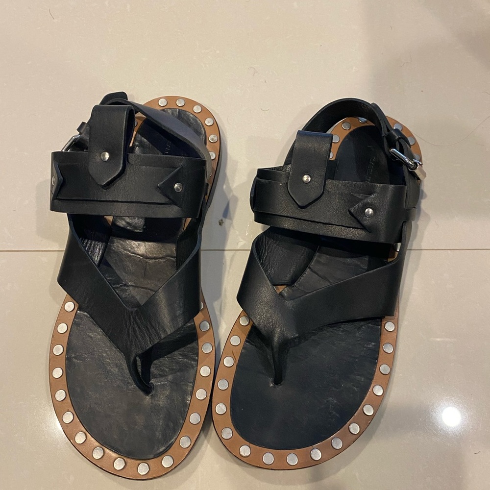 Isabel Marant Black Leather Sandals with Silver Studs